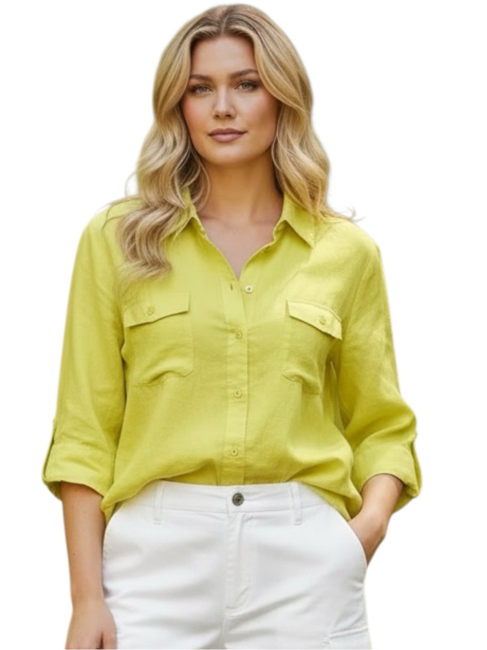 Kim Rogers Plus Size 3X Lime Green Button-Down Shirt 100% Linen